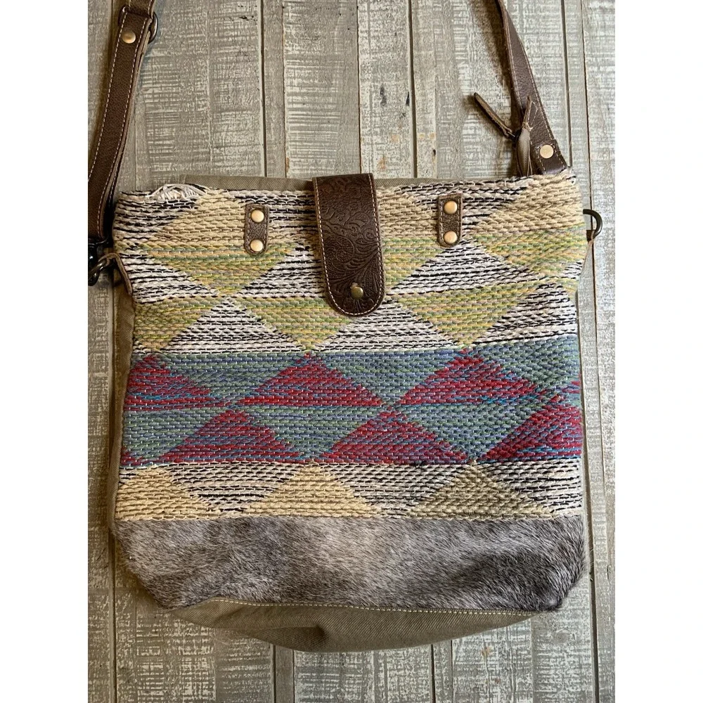 Myra Bag Angle Tangle Leather Cotton Canvas Shoulder Crossbody W/Pockets Purse